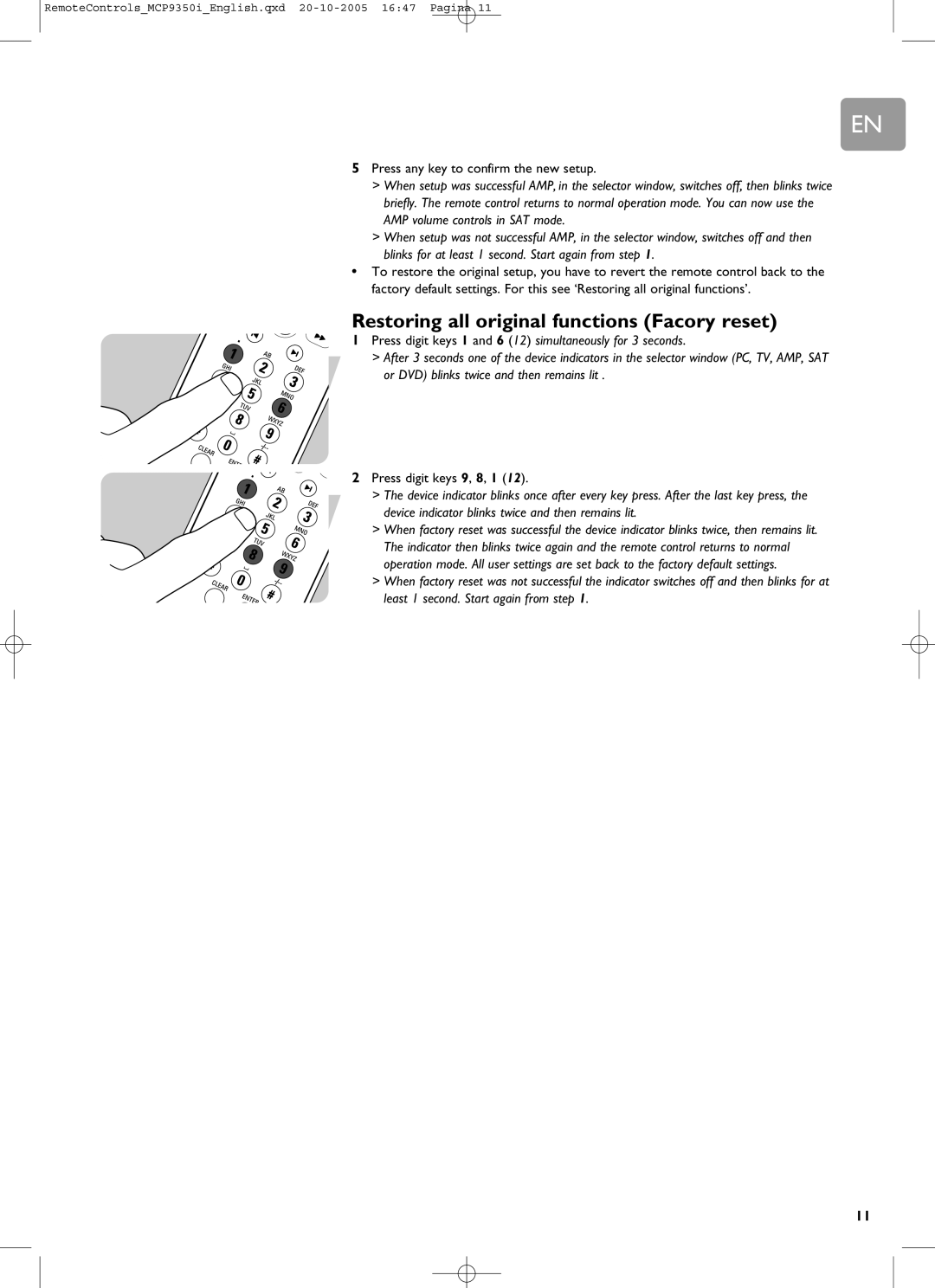 Philips RC4370 user manual Restoring all original functions Facory reset 