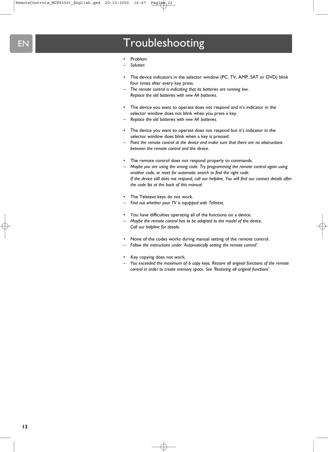 Philips RC4370 user manual ENTroubleshooting, Solution, Replace the old batteries with new AA batteries 