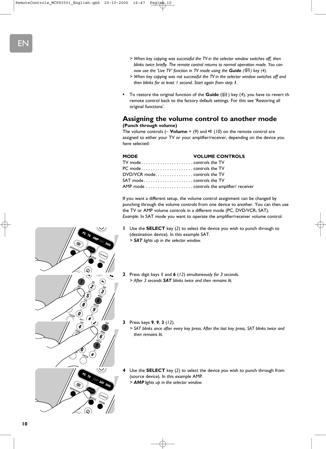 Philips RC4370 user manual Assigning the volume control to another mode, Punch through volume, Mode, Volume Controls 