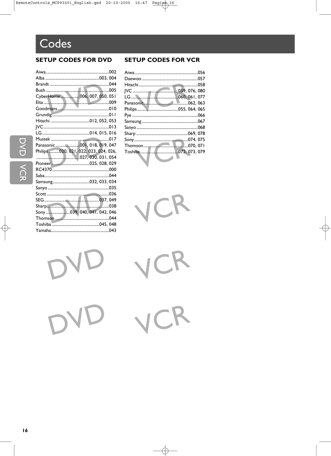 Philips RC4370 user manual Dvd Vcr Dvd Vcr, Setup Codes For Dvd Setup Codes For Vcr 