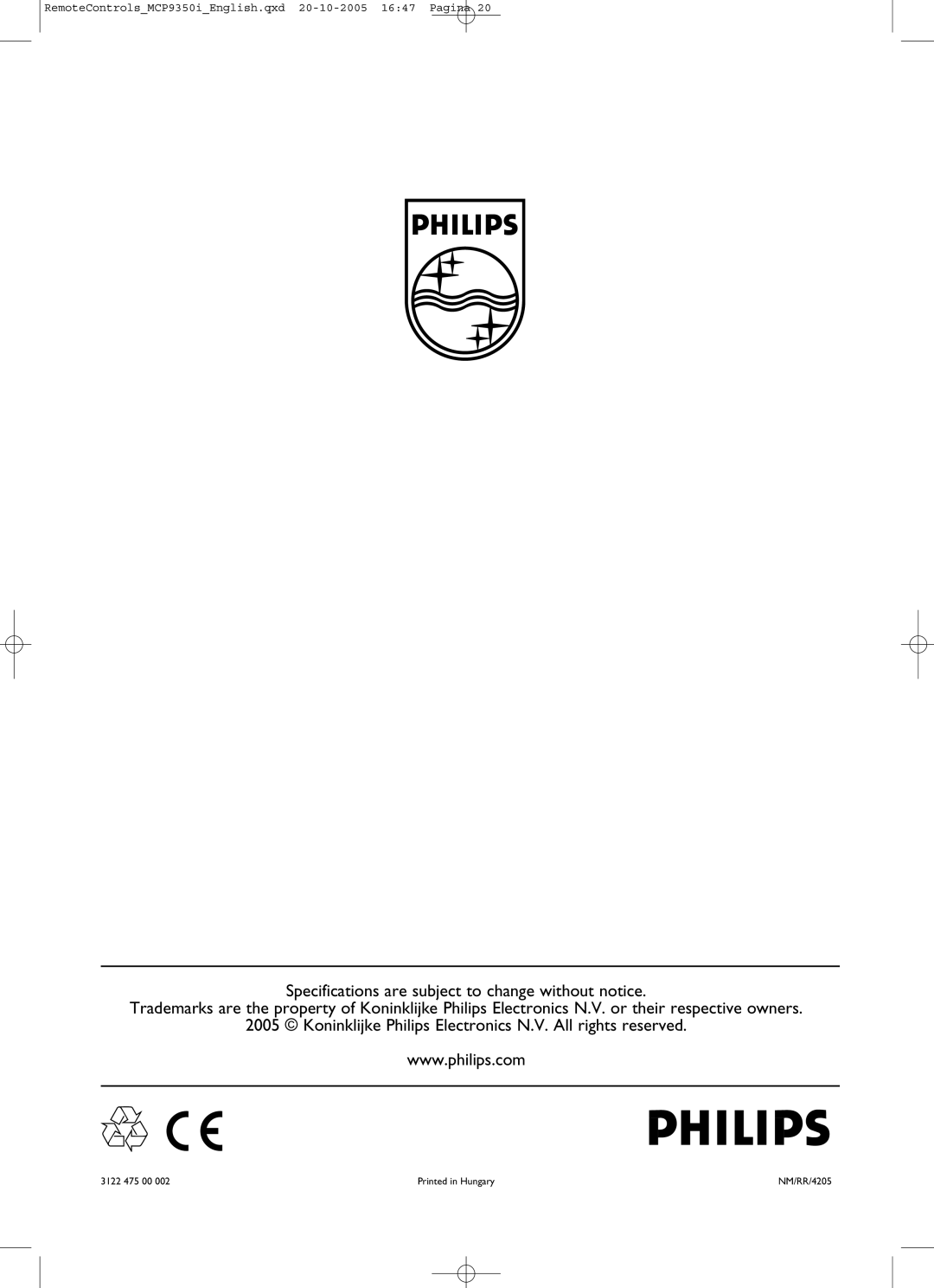 Philips RC4370 user manual Specifications are subject to change without notice, Printed in Hungary 