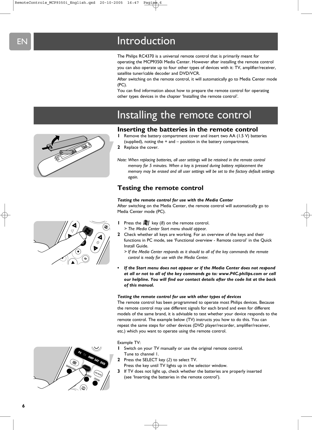 Philips RC4370 user manual ENIntroduction, Installing the remote control, Inserting the batteries in the remote control 
