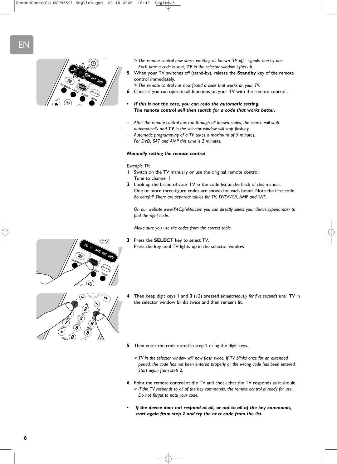 Philips RC4370 user manual If this is not the case, you can redo the automatic setting, Manually setting the remote control 