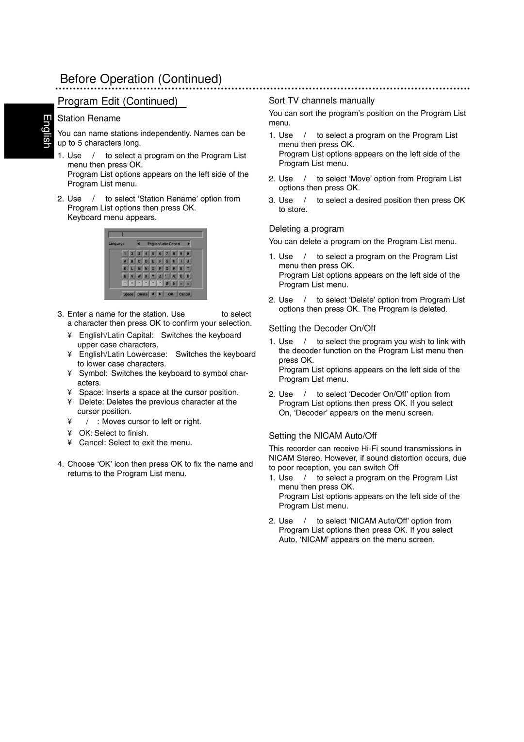 Philips RCP7005TP2L owner manual Program Edit, Sort TV channels manually, Deleting a program, Setting the Decoder On/Off 