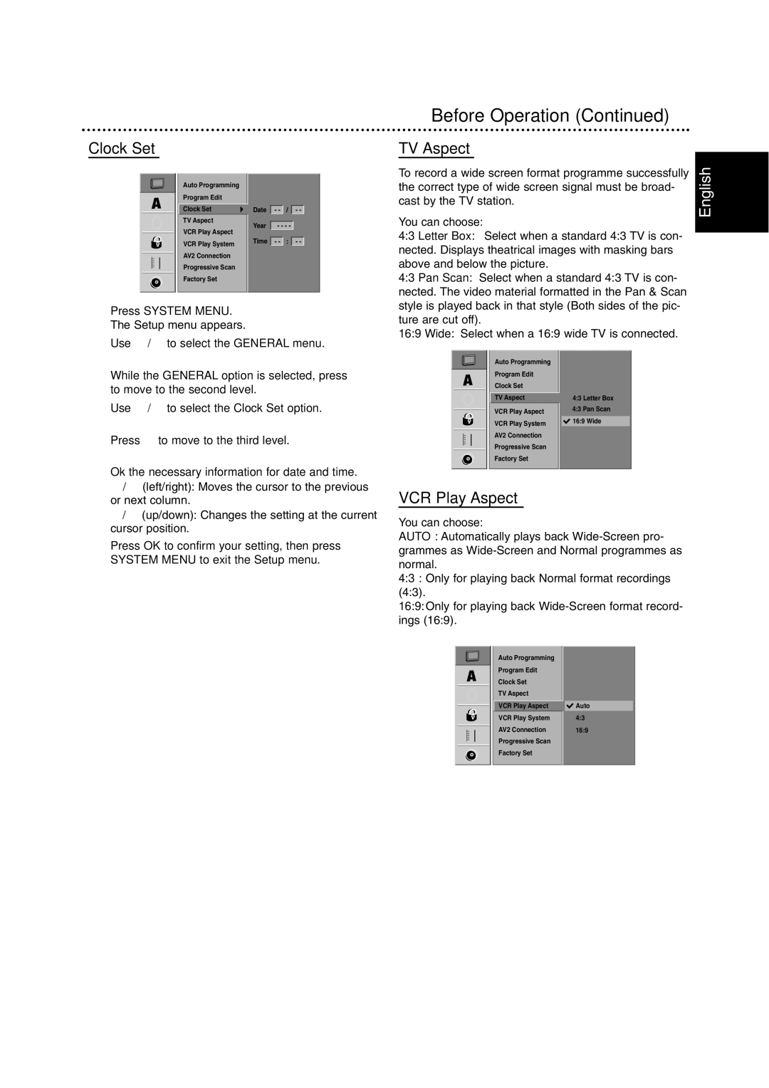 Philips RCP7005TP2L owner manual Clock Set, TV Aspect, VCR Play Aspect 