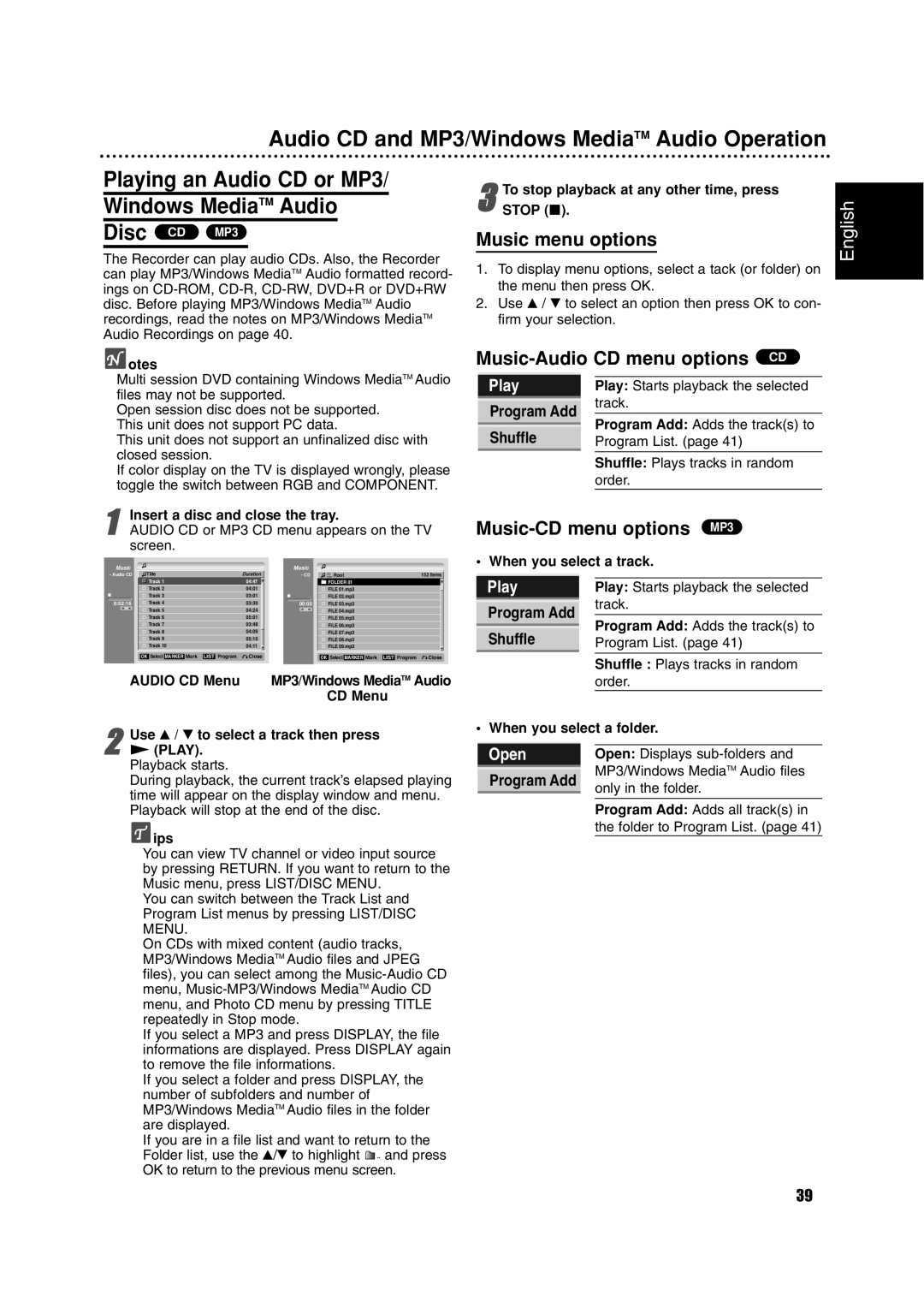 Philips RCP7005TP2L Audio CD and MP3/Windows MediaTM Audio Operation, Music menu options, Music-Audio CD menu options CD 