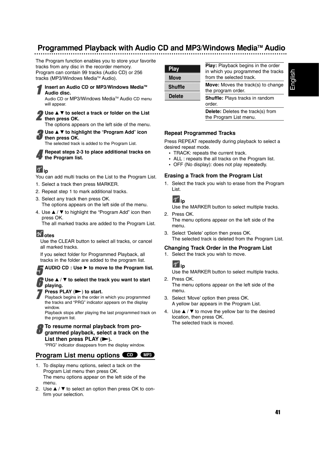 Philips RCP7005TP2L owner manual Program List menu options CD MP3 