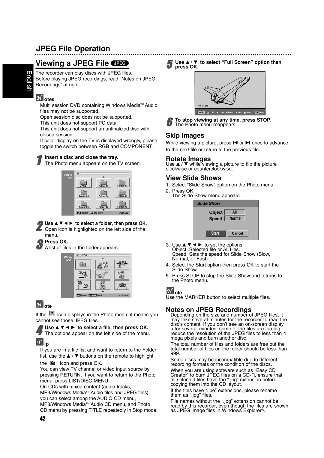 Philips RCP7005TP2L owner manual Jpeg File Operation Viewing a Jpeg File Jpeg, Skip Images, Rotate Images, View Slide Shows 