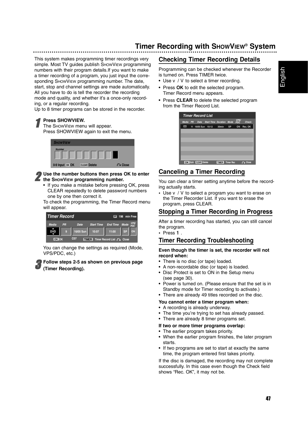 Philips RCP7005TP2L Timer Recording with Showview System, Checking Timer Recording Details, Canceling a Timer Recording 