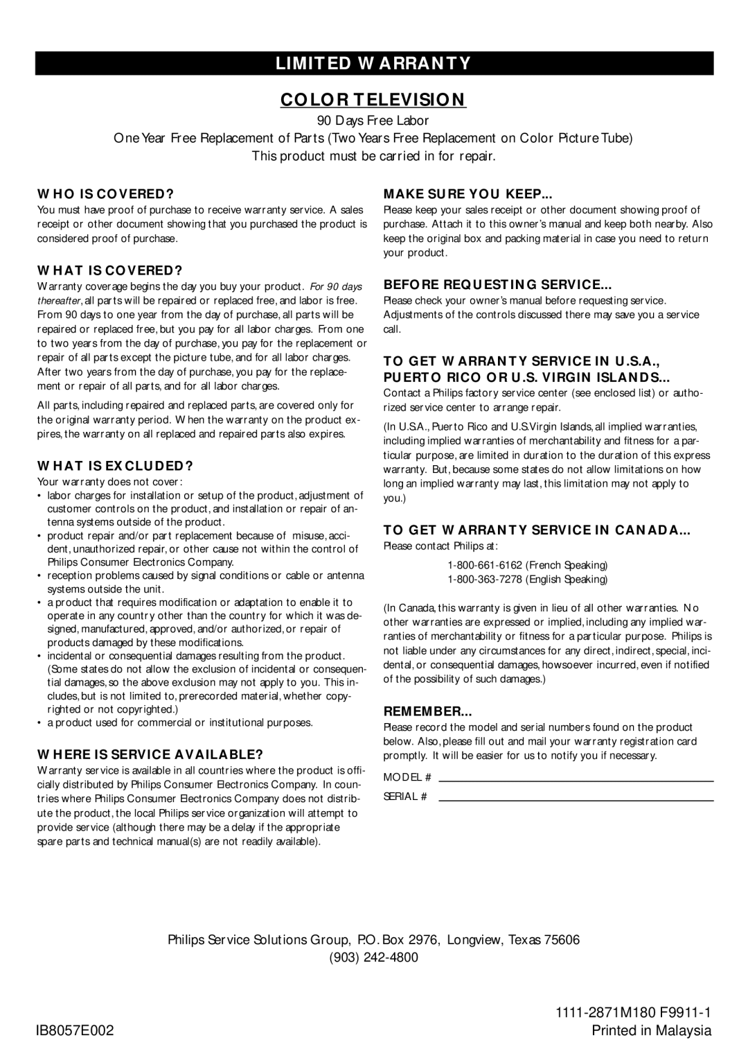 Philips RD 0525C operating instructions Limited Warranty 