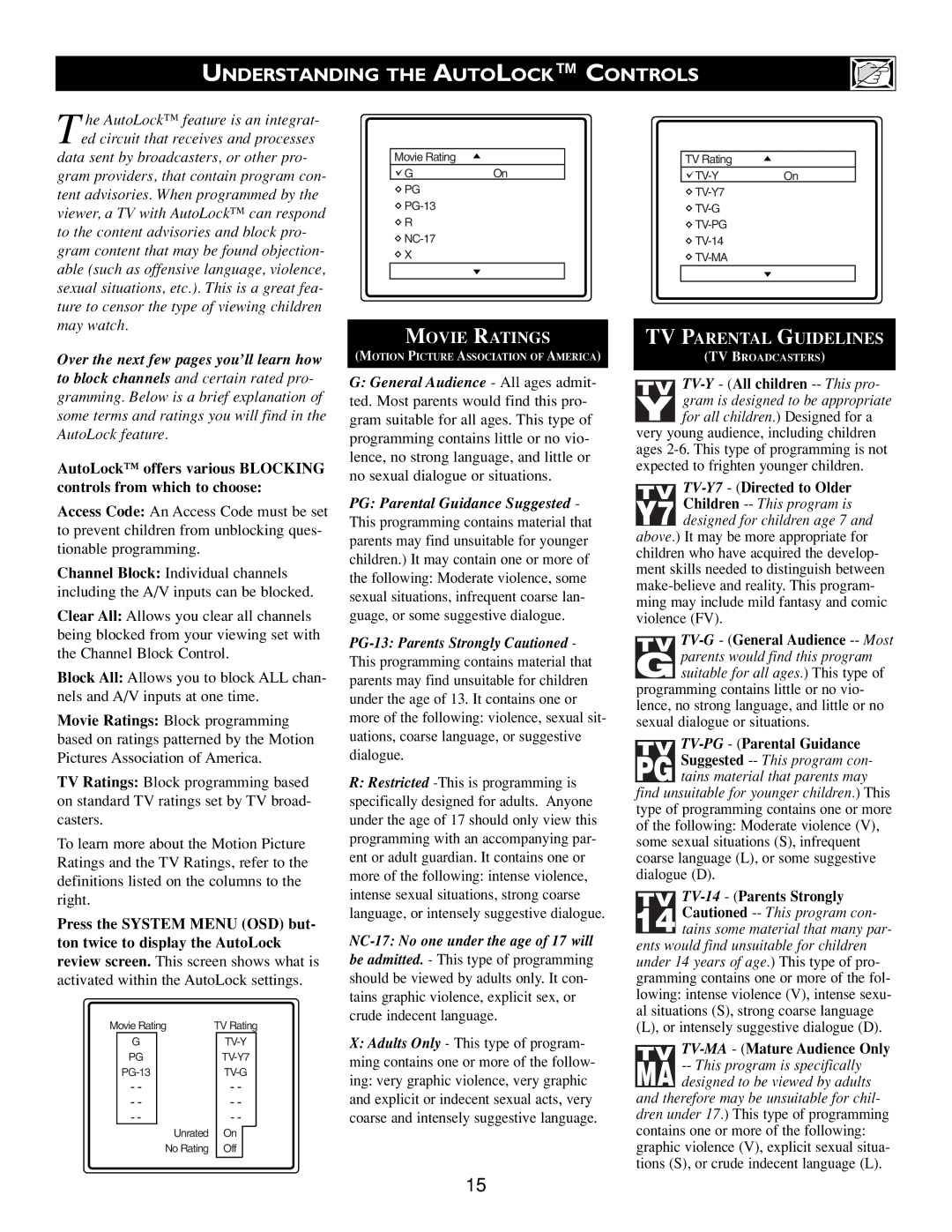 Philips Real Flat TV DVD warranty Understanding the Autolock Controls, Movie Ratings, TV Parental Guidelines 