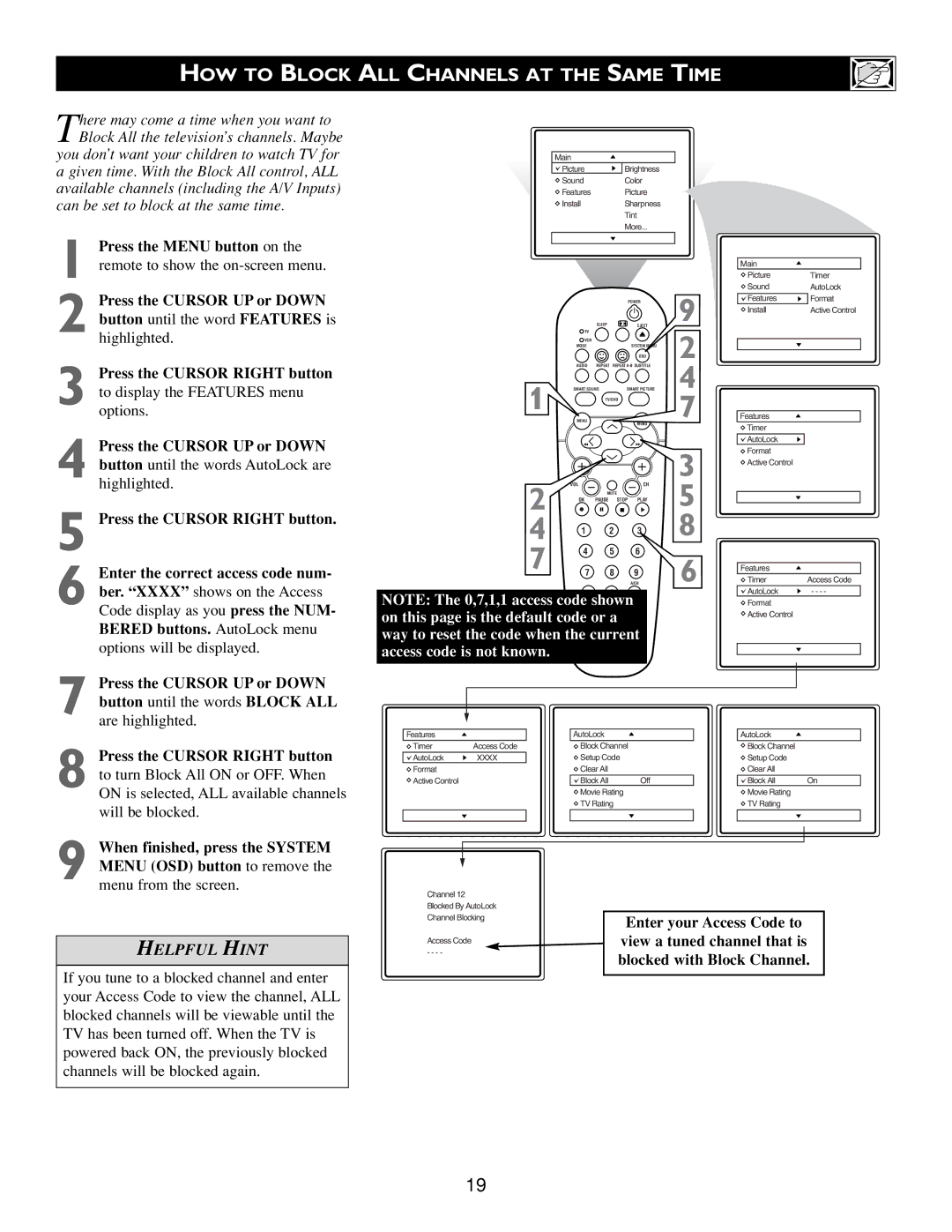 Philips Real Flat TV DVD warranty HOW to Block ALL Channels AT the Same Time, Menu from the screen 