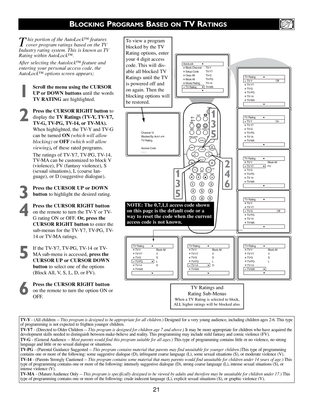 Philips Real Flat TV DVD warranty Blocking Programs Based on TV Ratings, When highlighted, the TV-Y and TV-G 