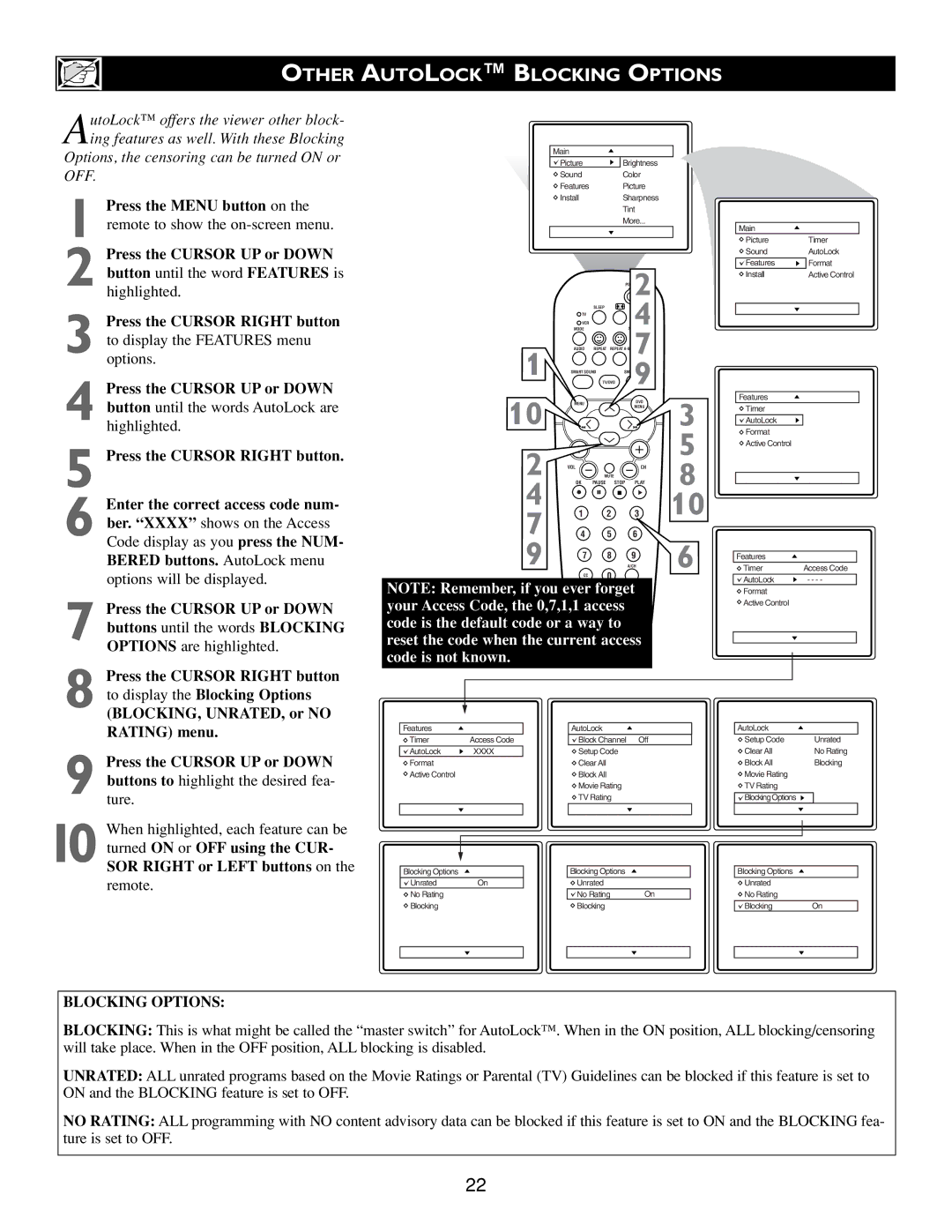 Philips Real Flat TV DVD warranty Other Autolock Blocking Options, Ture When highlighted, each feature can be, Remote 