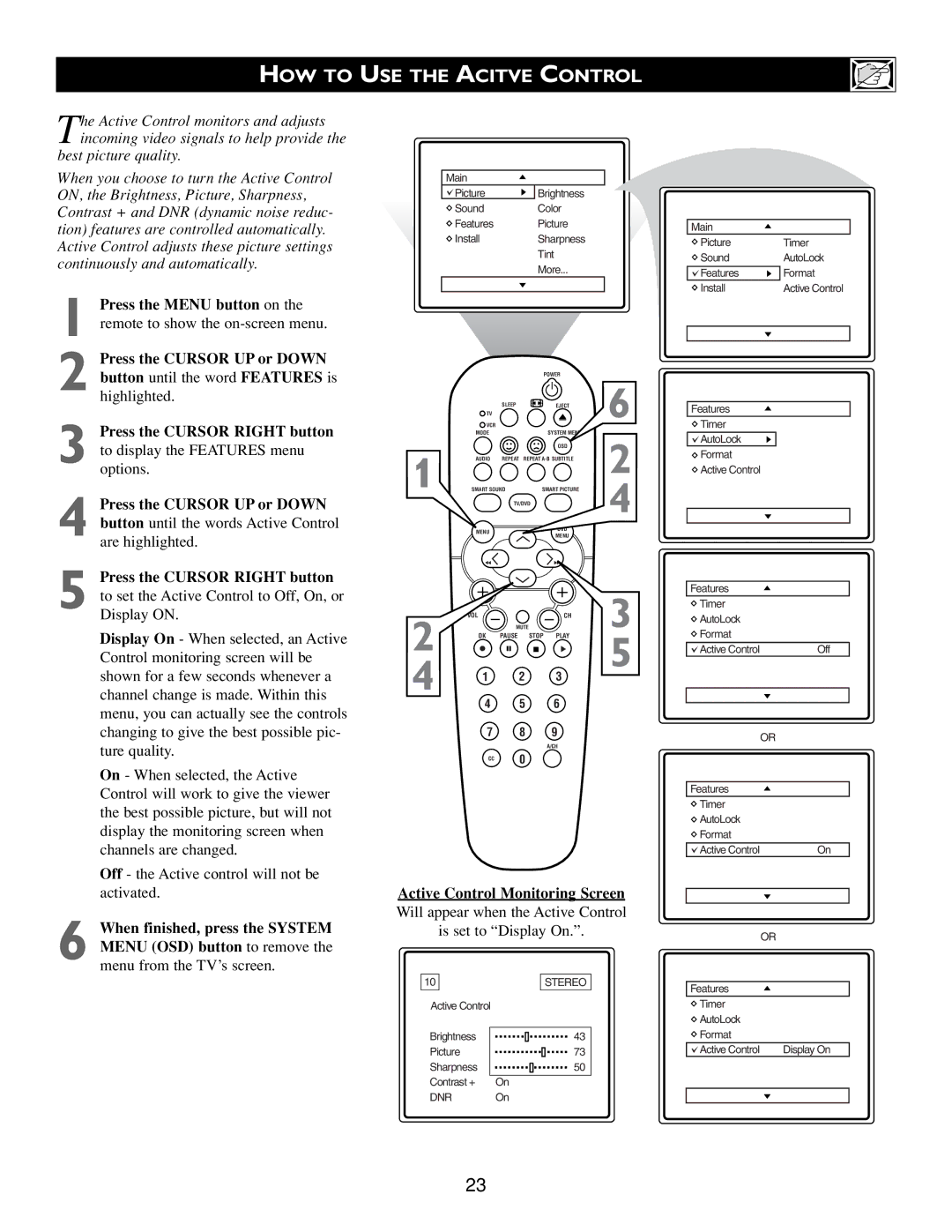 Philips Real Flat TV DVD warranty HOW to USE the Acitve Control, Active Control Monitoring Screen 