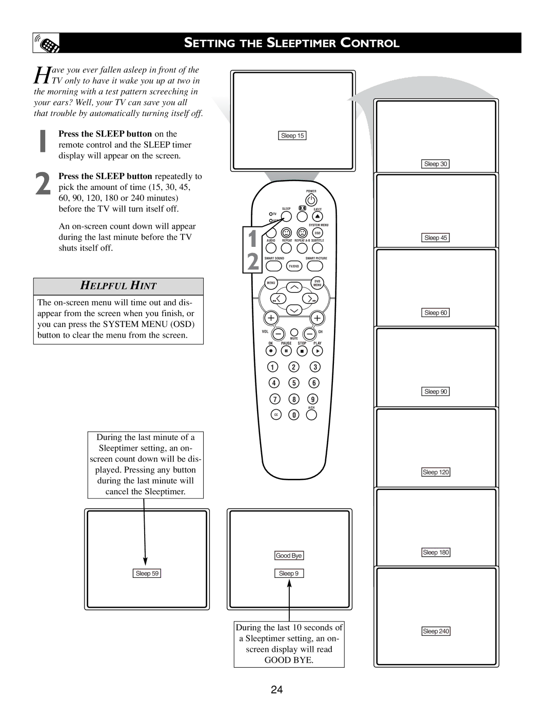 Philips Real Flat TV DVD warranty Setting the Sleeptimer Control 