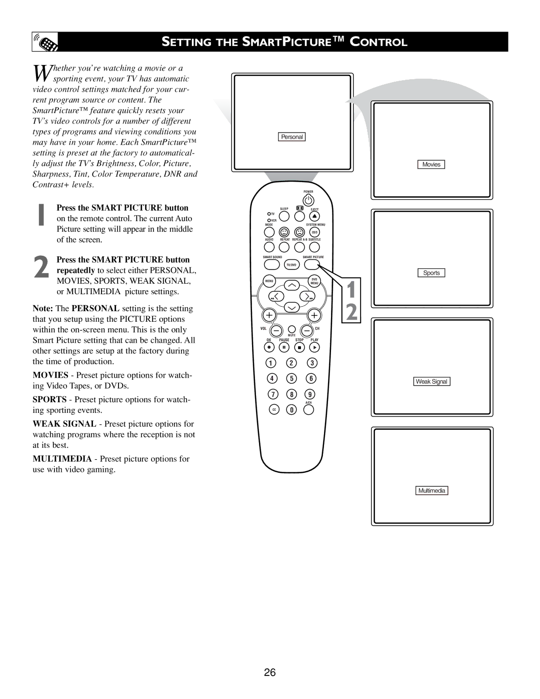 Philips Real Flat TV DVD warranty Setting the Smartpicture Control, Personal 