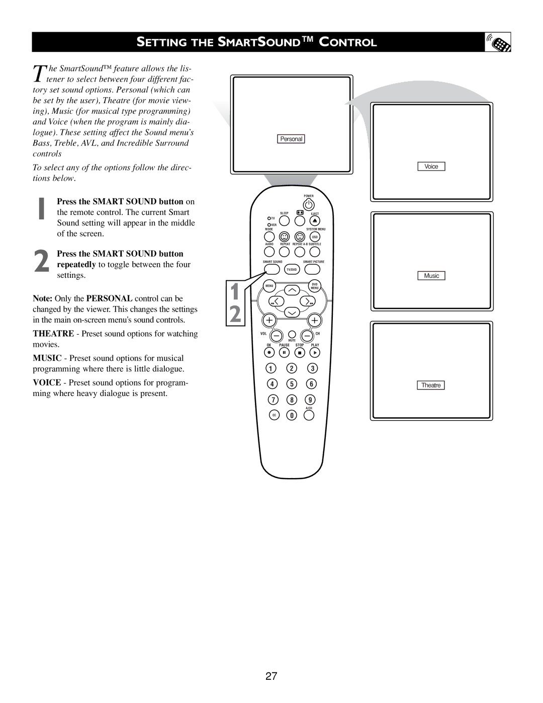 Philips Real Flat TV DVD warranty Setting the Smartsound Control 