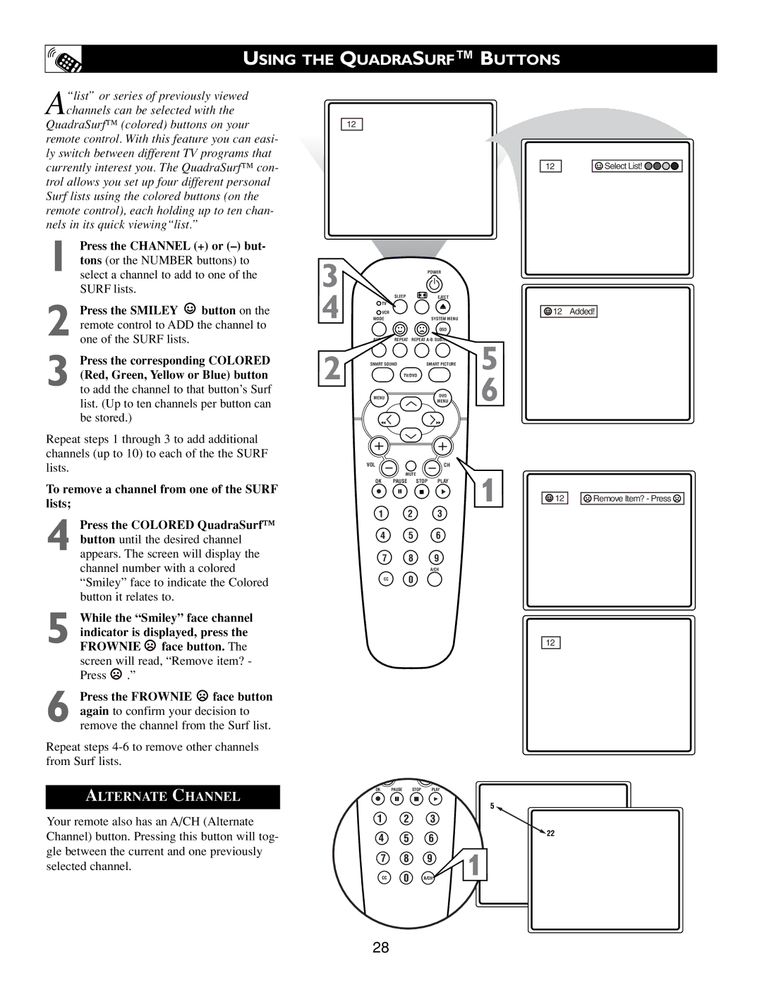 Philips Real Flat TV DVD warranty Using the Quadrasurf Buttons, Alternate Channel 