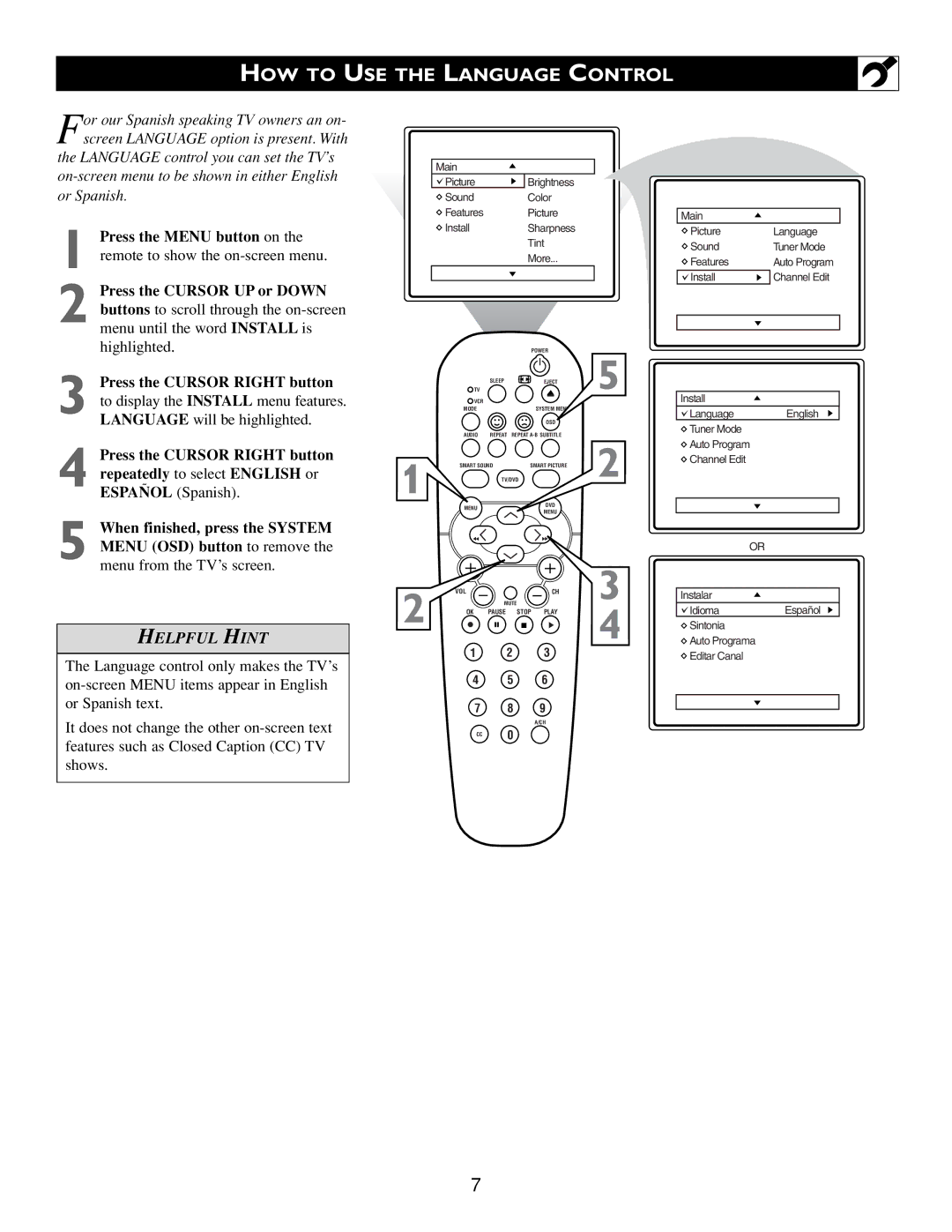 Philips Real Flat TV DVD warranty HOW to USE the Language Control, Menu until the word Install is highlighted 