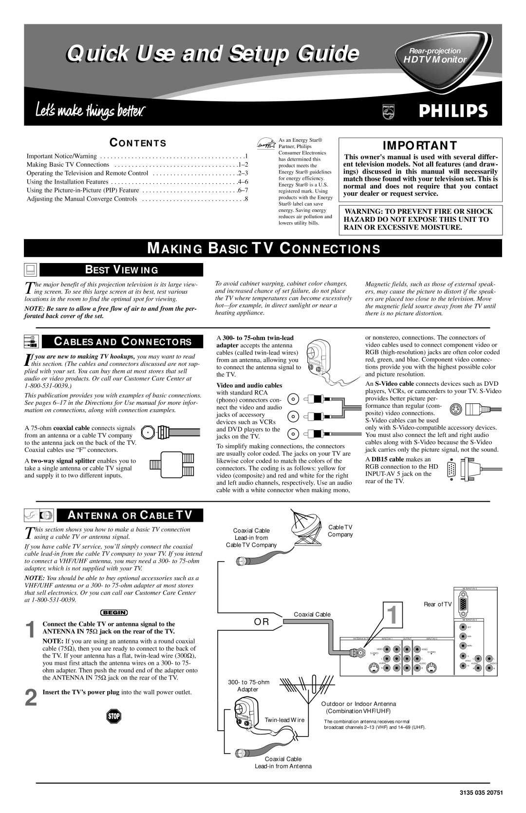 Philips Rear-Projection HDTV Monitor setup guide Making Basic TV Connections, Best Viewing, Cables and Connectors 