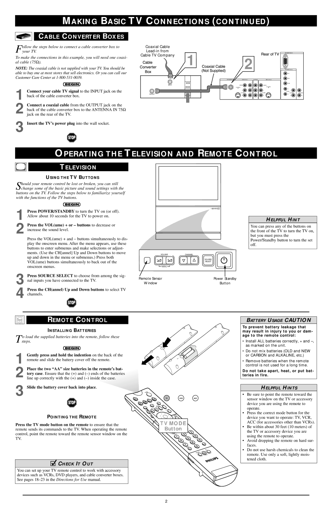 Philips Rear-Projection HDTV Monitor setup guide Operating the Television and Remote Control, Cable Converter Boxes 