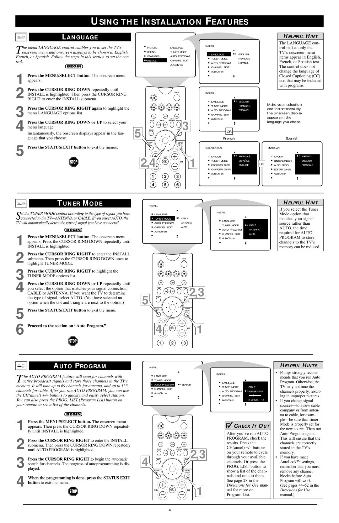 Philips Rear-Projection HDTV Monitor setup guide Using the Installation Features, Language, Tuner Mode, Auto Program 