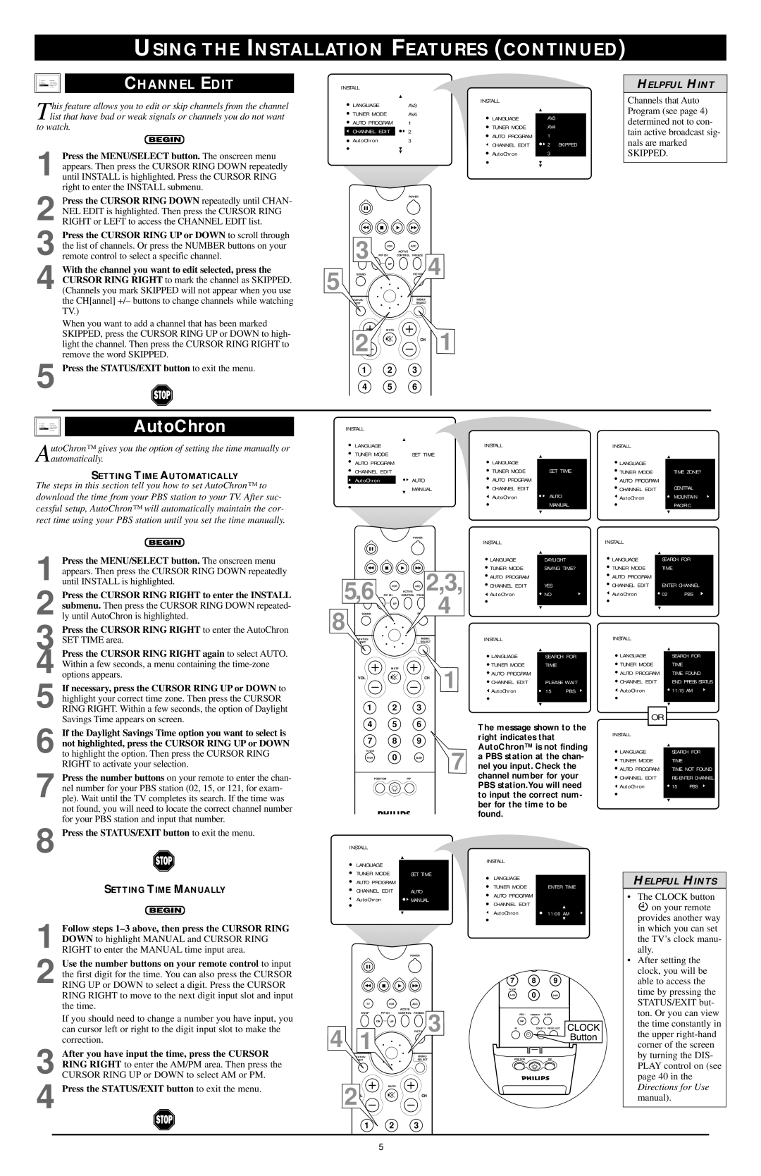 Philips Rear-Projection HDTV Monitor setup guide Channel Edit, Follow steps 1-3 above, then press the Cursor Ring 