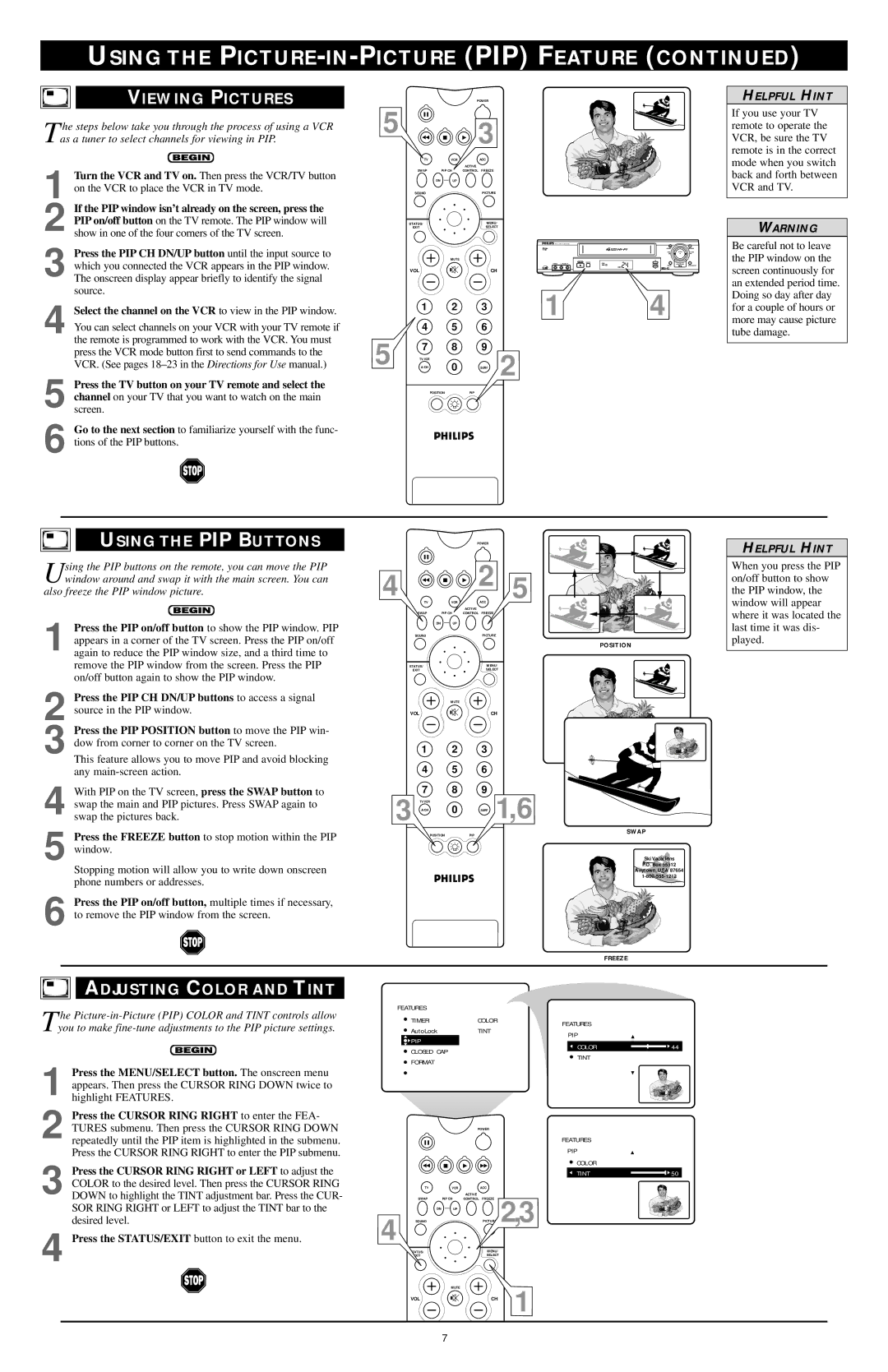 Philips Rear-Projection HDTV Monitor setup guide Viewing Pictures, Using the PIP Buttons, Adjusting Color and Tint 