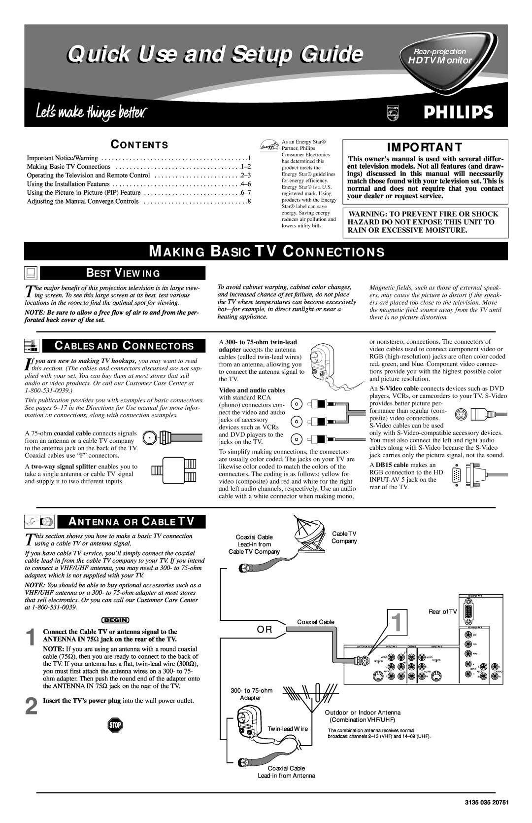 Philips Rear-Projection HDTV Monitor setup guide Making Basic Tv Connections, Best Viewing, Cables And Connectors 