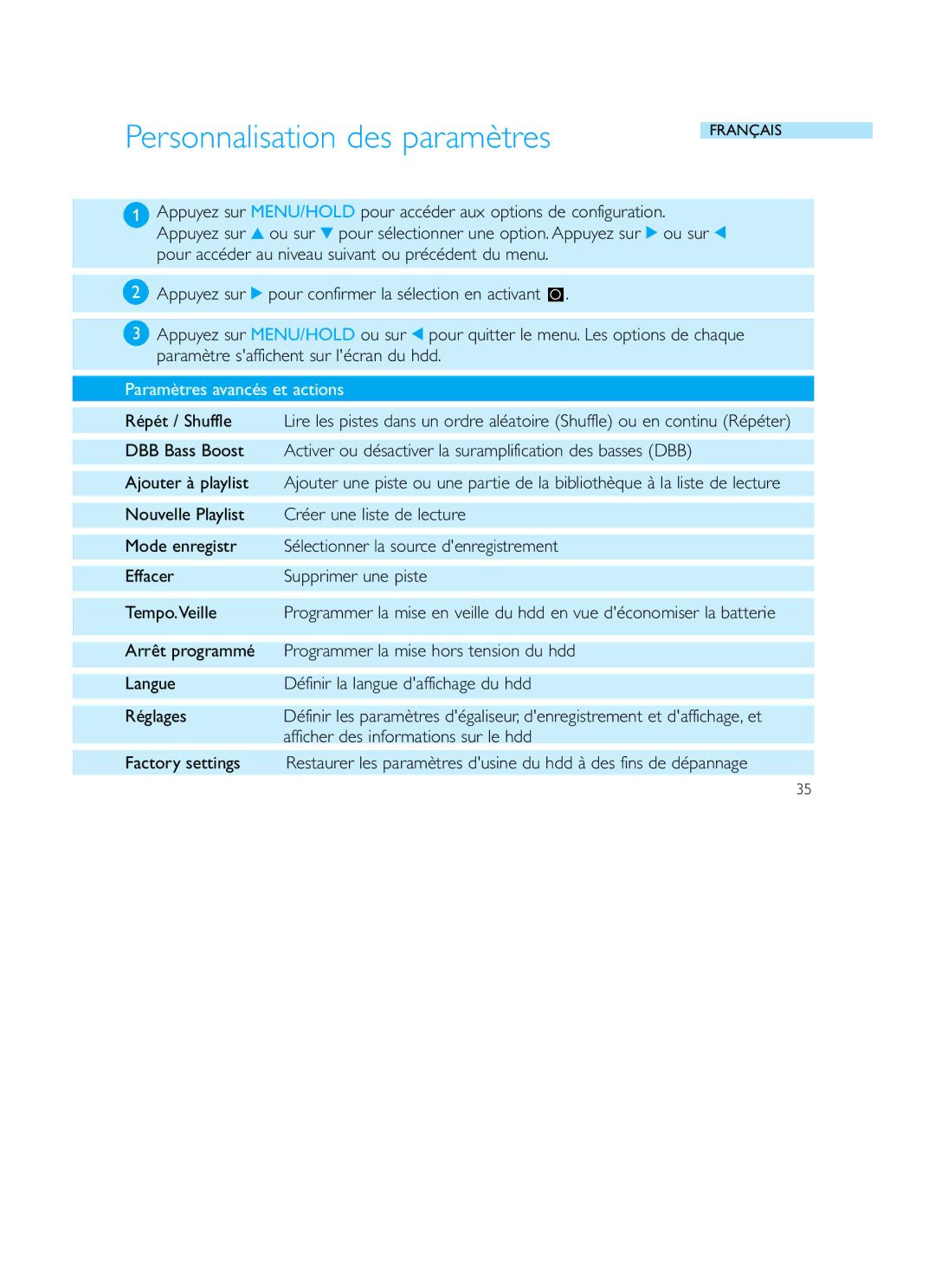 Philips Recording Audio Jukebox user manual Personnalisation des paramètres, Paramètres avancés et actions 