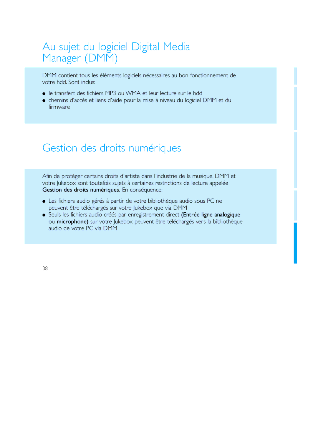 Philips Recording Audio Jukebox user manual Au sujet du logiciel Digital Media Manager DMM, Gestion des droits numériques 