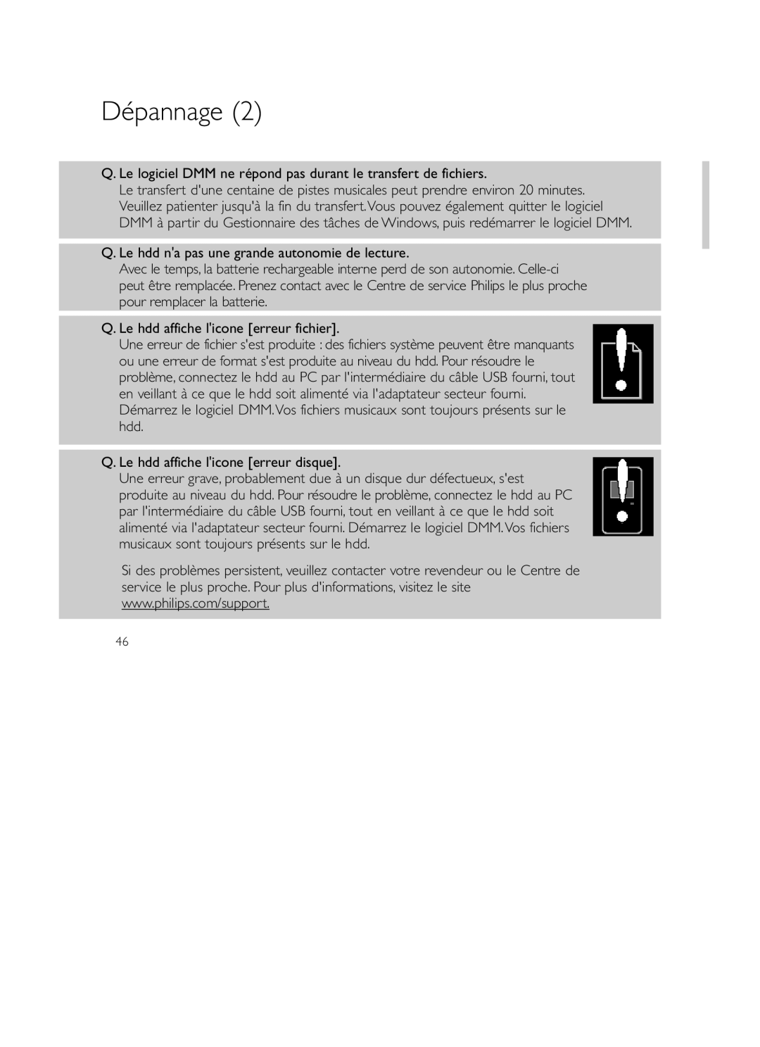 Philips Recording Audio Jukebox user manual Dépannage 