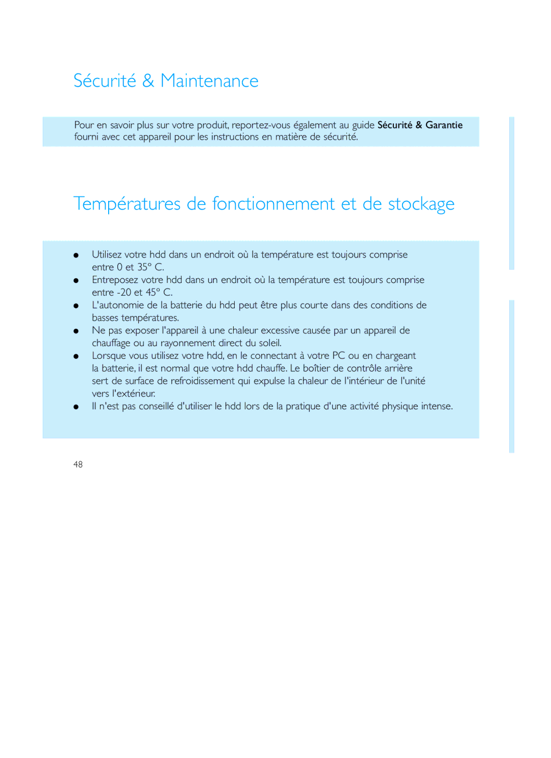 Philips Recording Audio Jukebox user manual Sécurité & Maintenance, Températures de fonctionnement et de stockage 