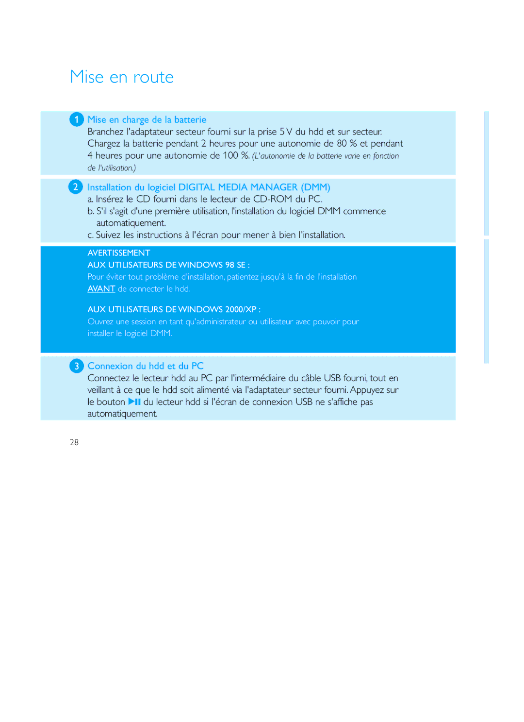 Philips Recording Audio Jukebox user manual Mise en route, Mise en charge de la batterie 