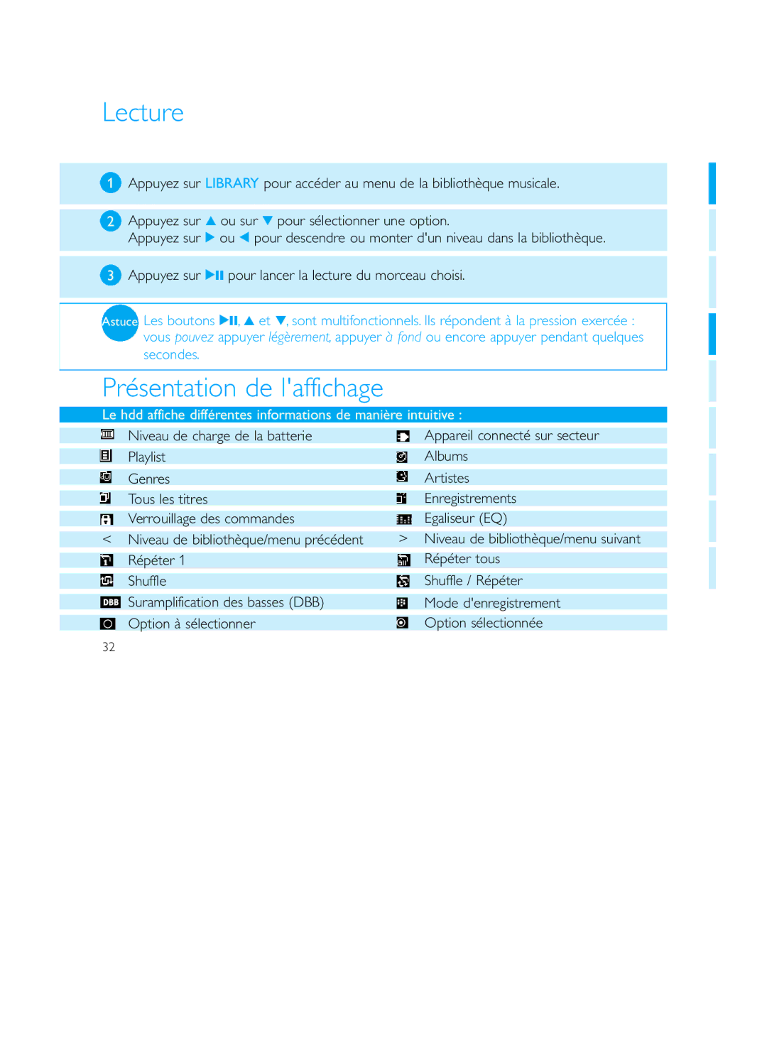 Philips Recording Audio Jukebox user manual Lecture, Présentation de laffichage 