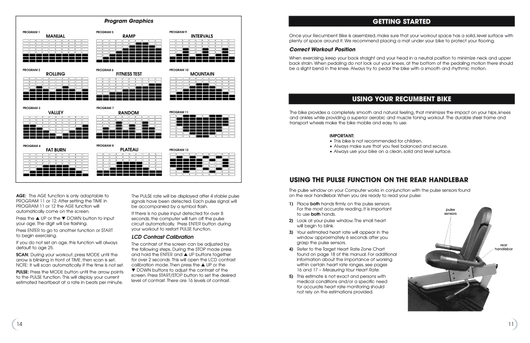 Philips Getting Started, Using Your Recumbent Bike, Using the Pulse Function on the Rear Handlebar, Program Graphics 