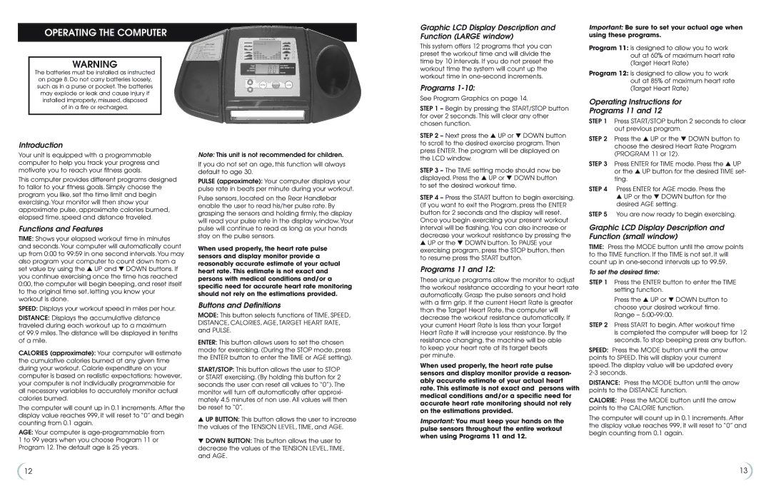 Philips Recumbent Bike owner manual Operating the Computer 