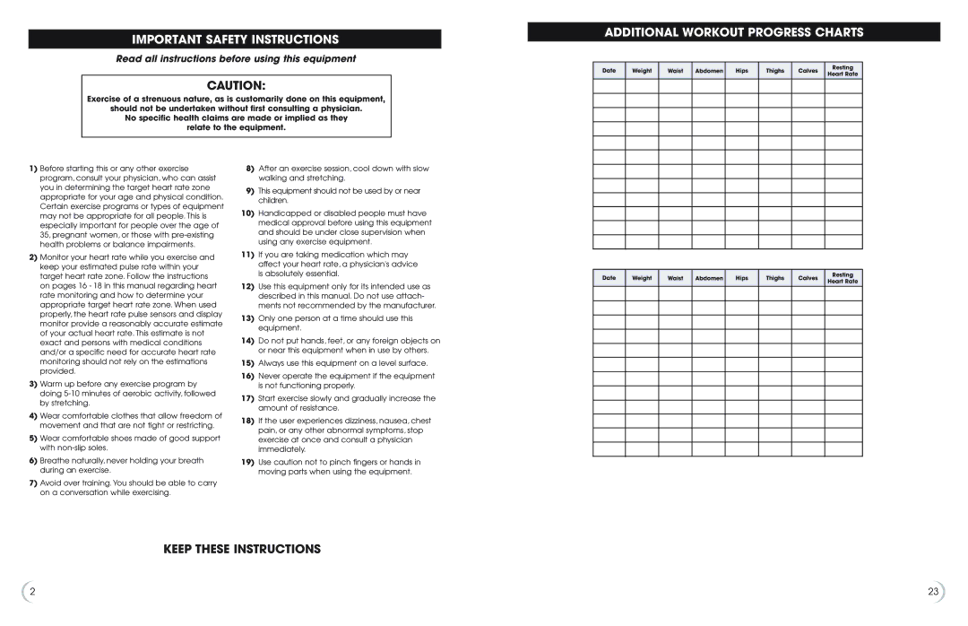 Philips Recumbent Bike Important Safety Instructions, Additional Workout Progress Charts, Keep These Instructions 