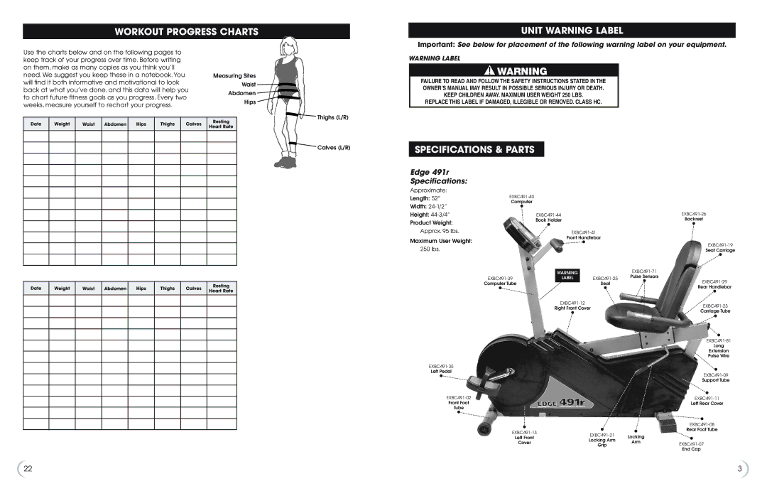 Philips Recumbent Bike Workout Progress Charts Unit Warning Label, Specifications & Parts, Edge 491r Specifications 