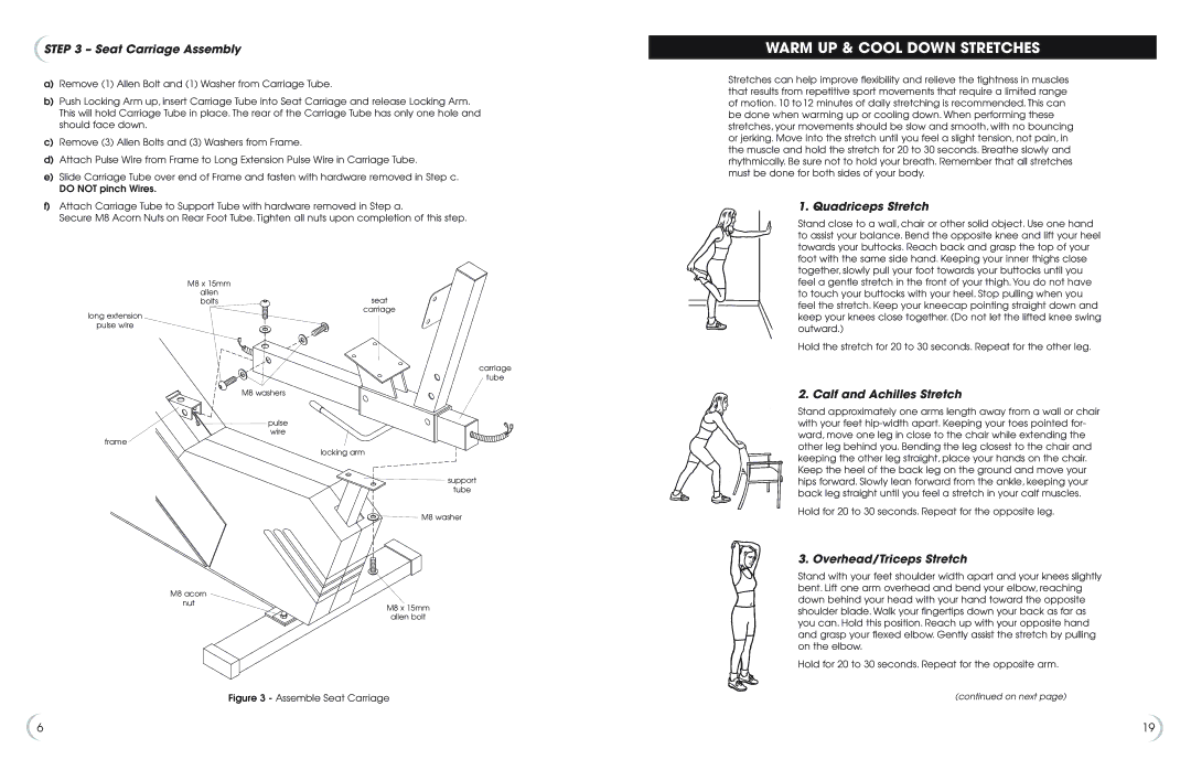 Philips Recumbent Bike Warm UP & Cool Down Stretches, Seat Carriage Assembly, Quadriceps Stretch, Overhead/Triceps Stretch 