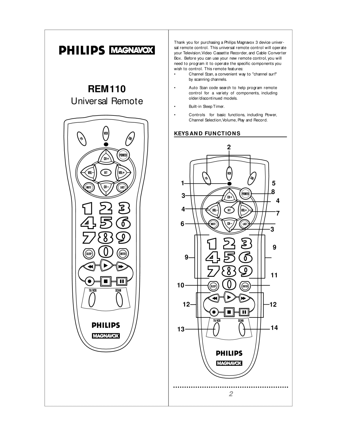 Philips REM110 manual Keys and Functions 