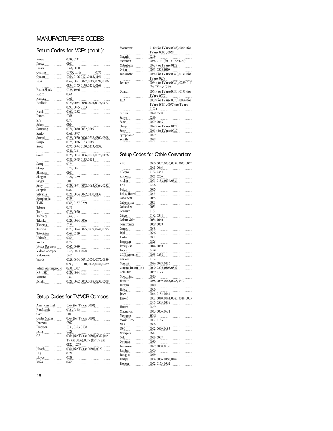 Philips REM380 setup guide Setup Codes for VCRs, Setup Codes for TV/VCR Combos, Setup Codes for Cable Converters 