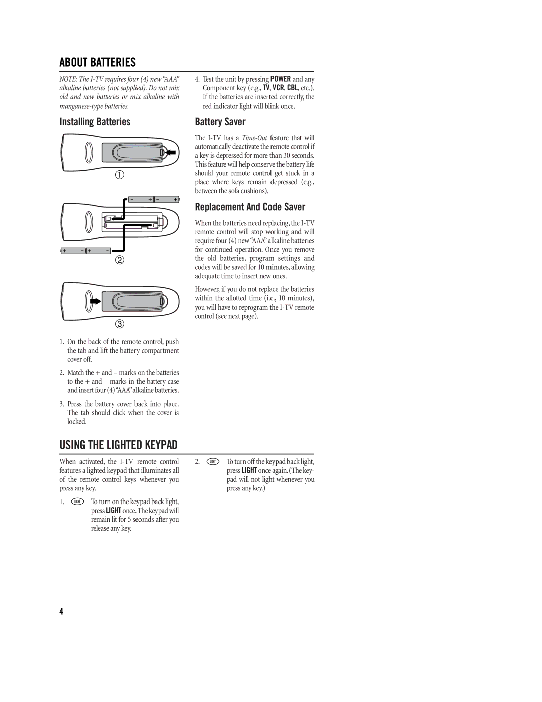 Philips REM380 About Batteries, Using the Lighted Keypad, Installing Batteries, Replacement And Code Saver, Battery Saver 