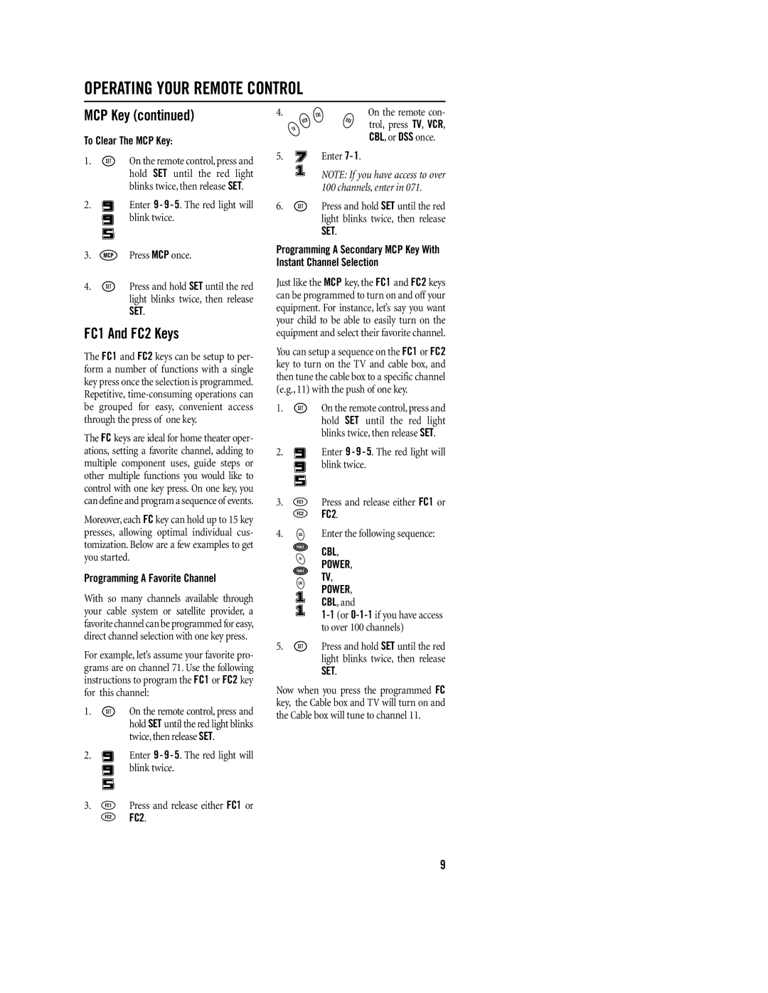 Philips REM380 setup guide FC1 And FC2 Keys, To Clear The MCP Key, Programming a Favorite Channel, CBL Power 