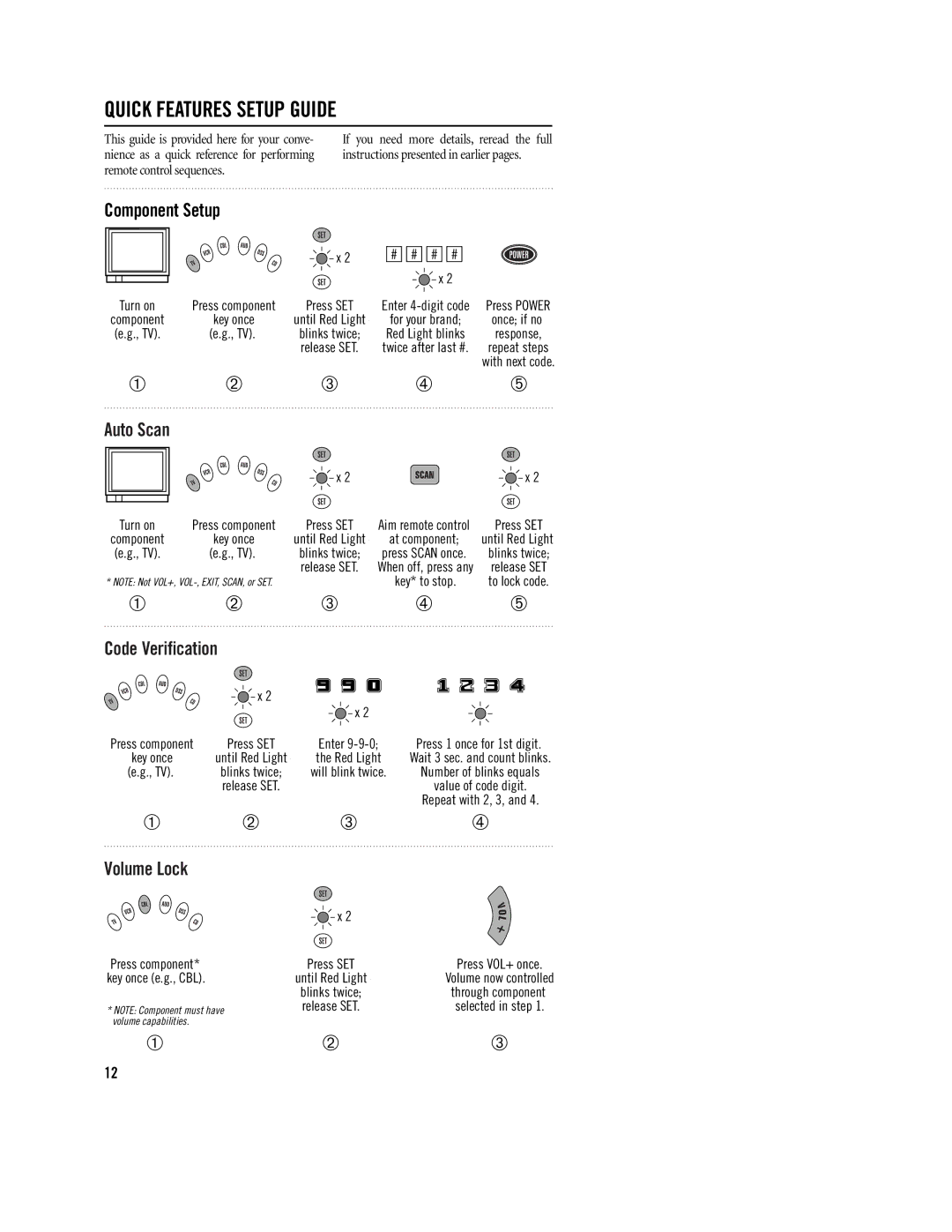 Philips REM400 setup guide Quick Features Setup Guide, Component Setup, Code Verification 