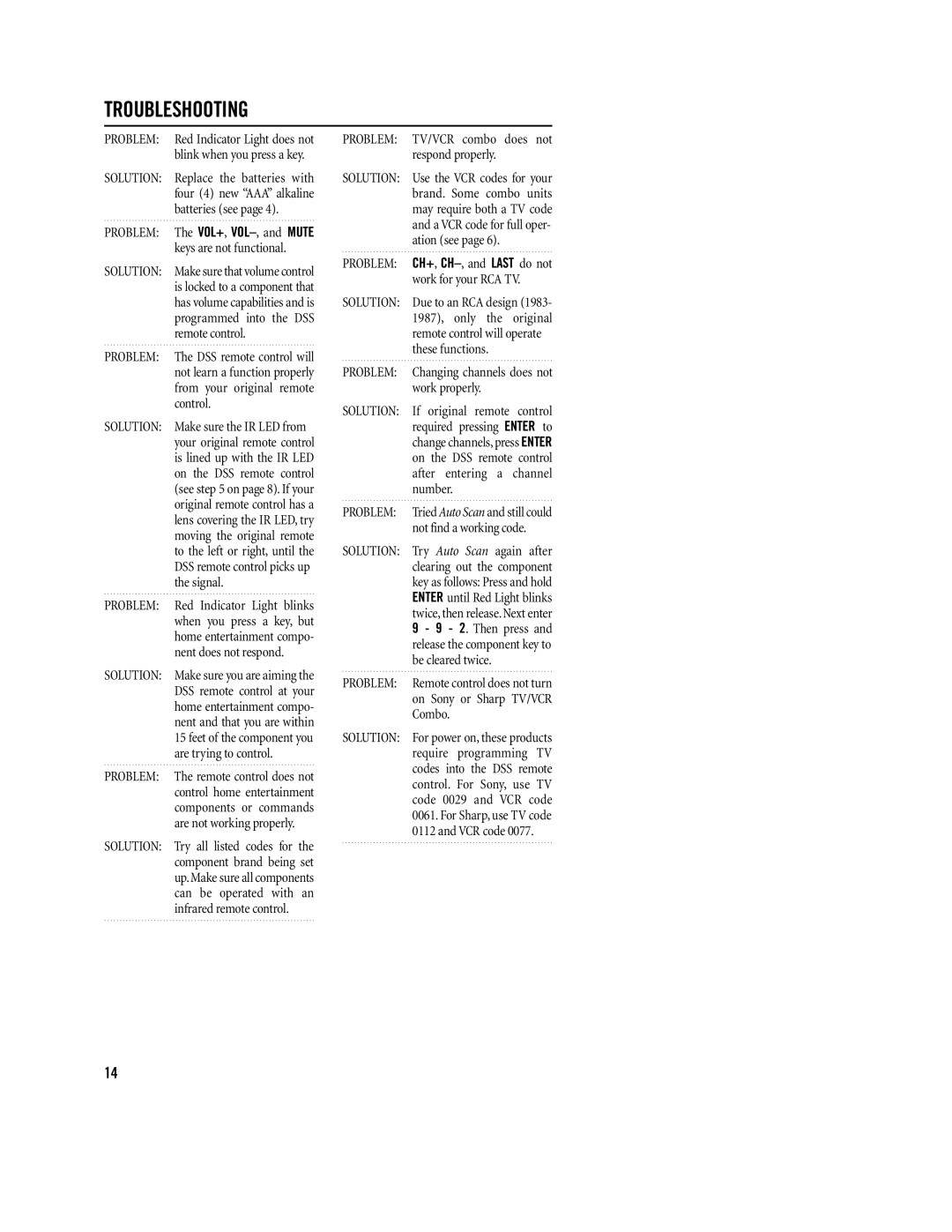 Philips REM400 setup guide Troubleshooting, Problem TV/VCR combo does not respond properly 