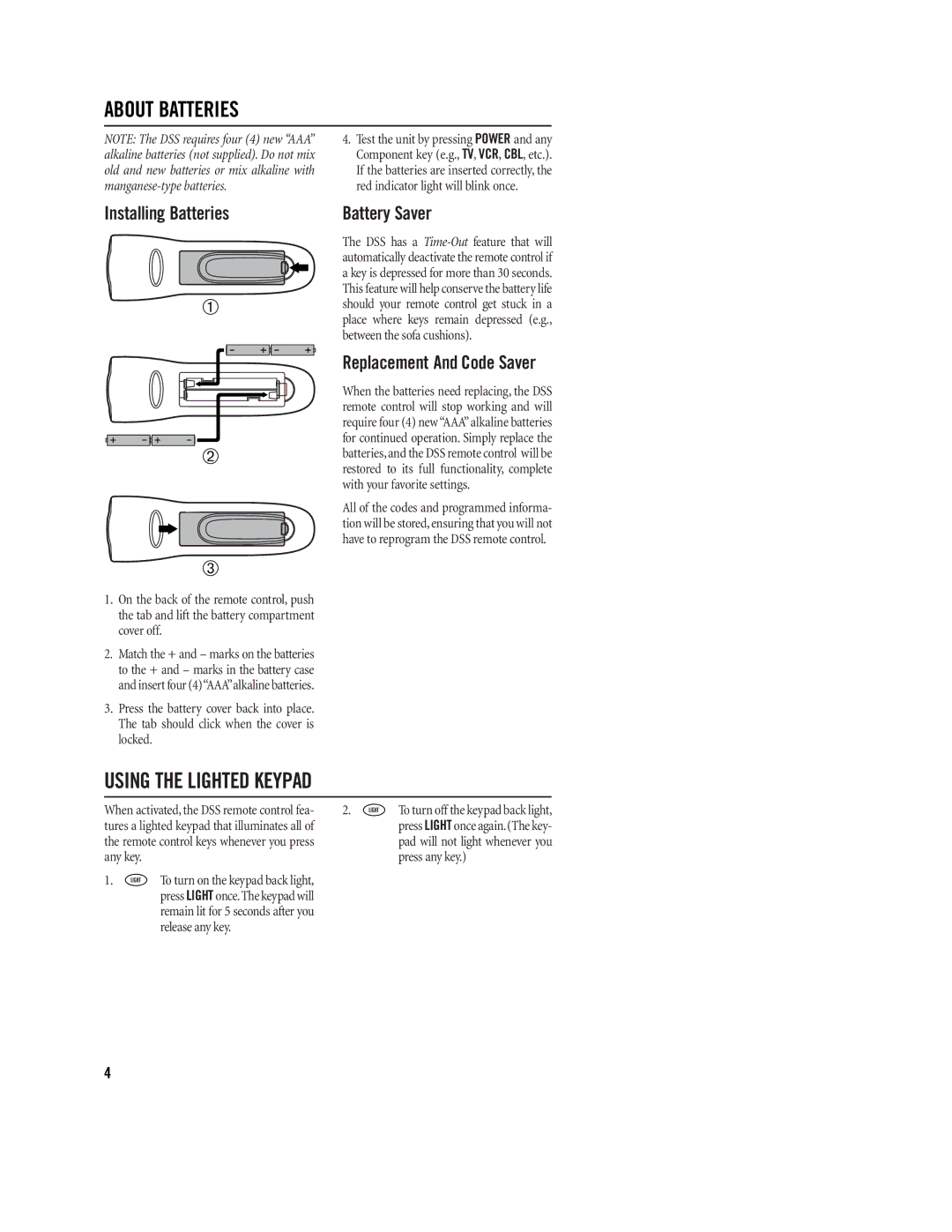 Philips REM400 About Batteries, Using the Lighted Keypad, Installing Batteries, Replacement And Code Saver, Battery Saver 