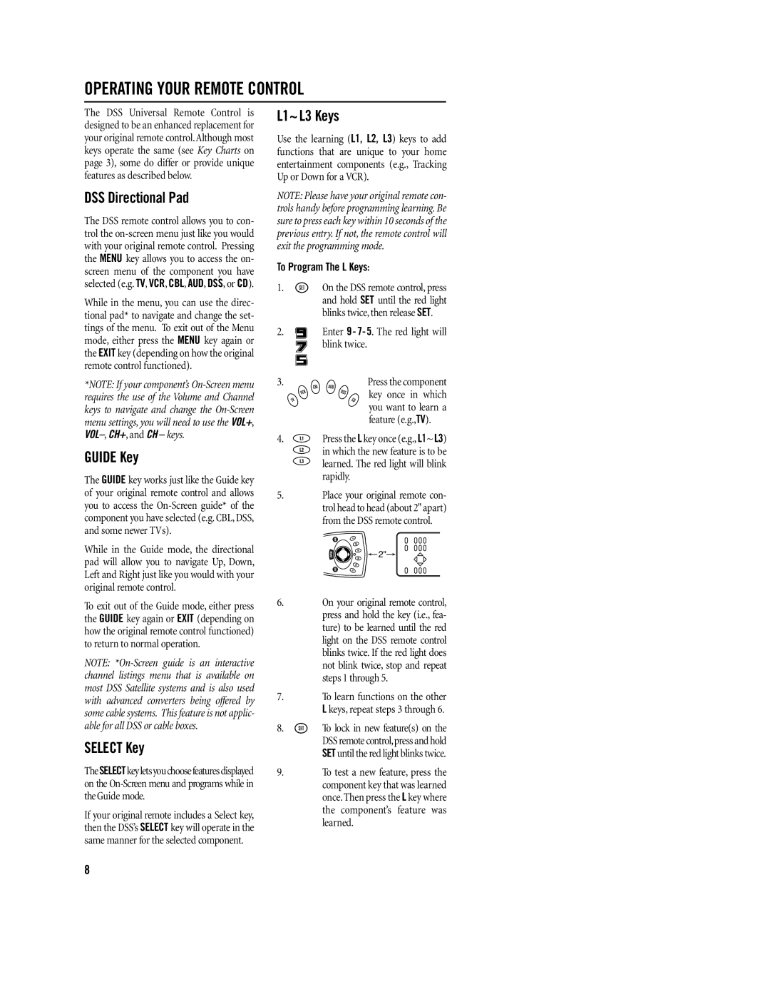 Philips REM400 setup guide Operating Your Remote Control, DSS Directional Pad, Guide Key, Select Key, L1~L3 Keys 