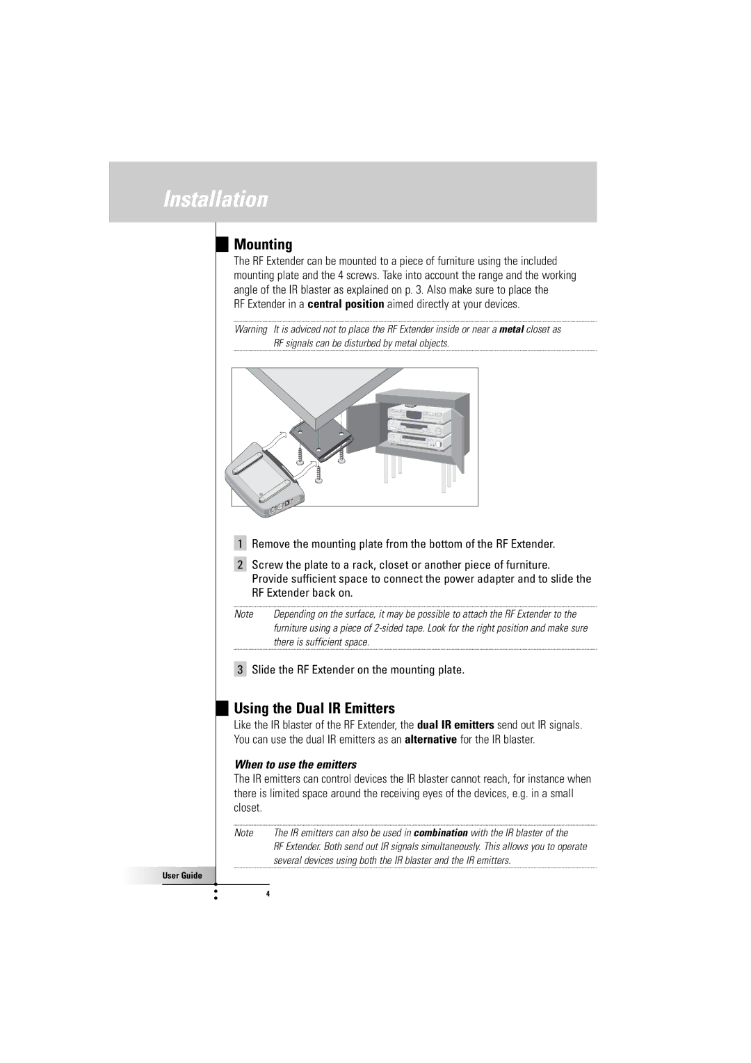 Philips RFX600099 manual Mounting, Using the Dual IR Emitters, When to use the emitters 